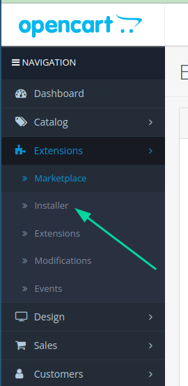 Opção do instalador de extensões no menu do OpenCart