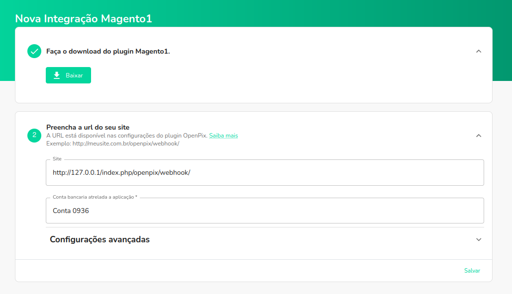 Página de integração com Magento1 em nossa plataforma