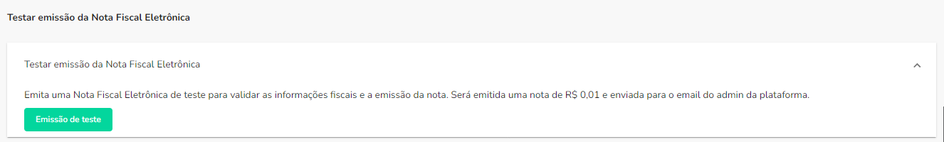 Botão de teste da emissão de nota fiscal