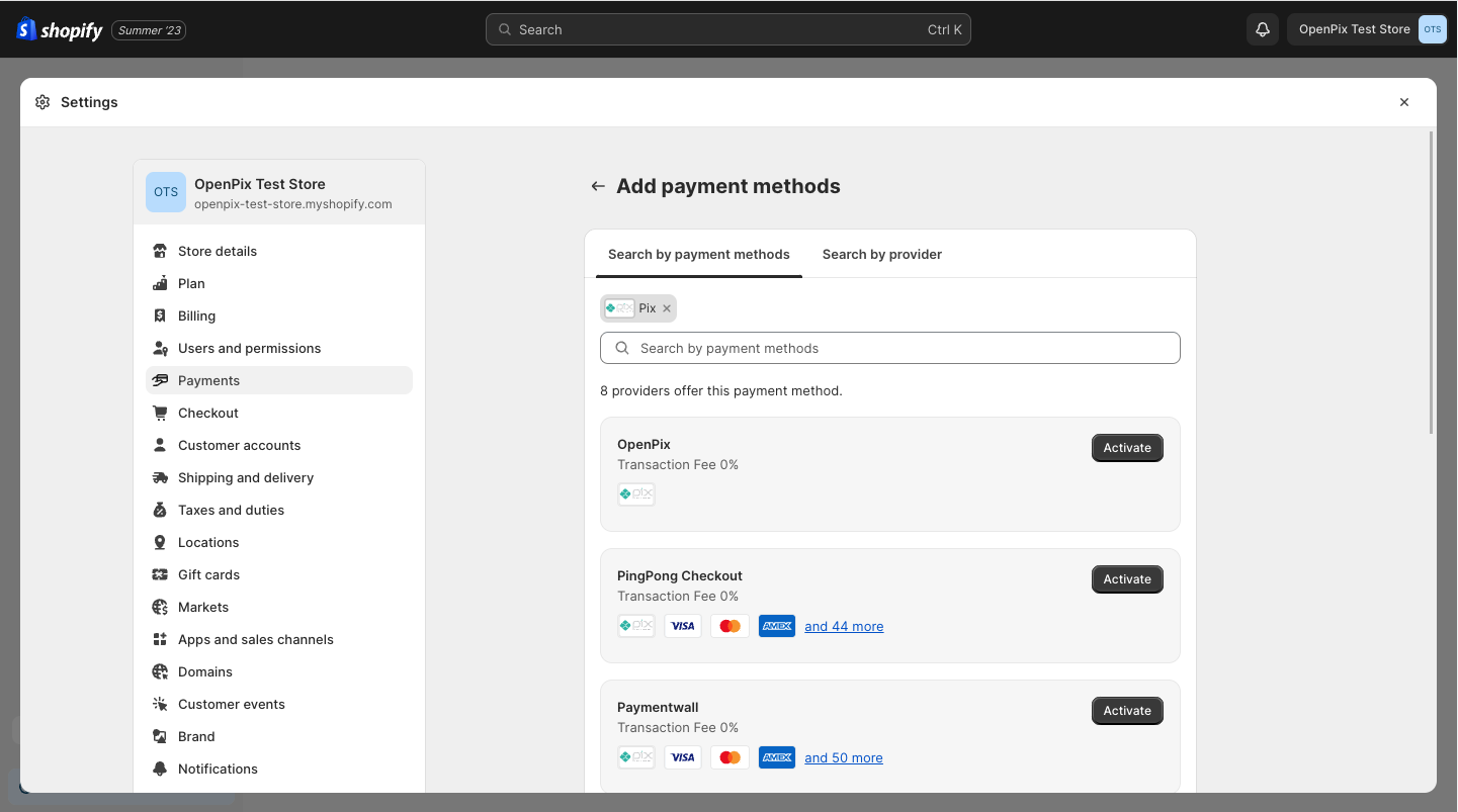 Enabling OpenPix payment method in Shopify